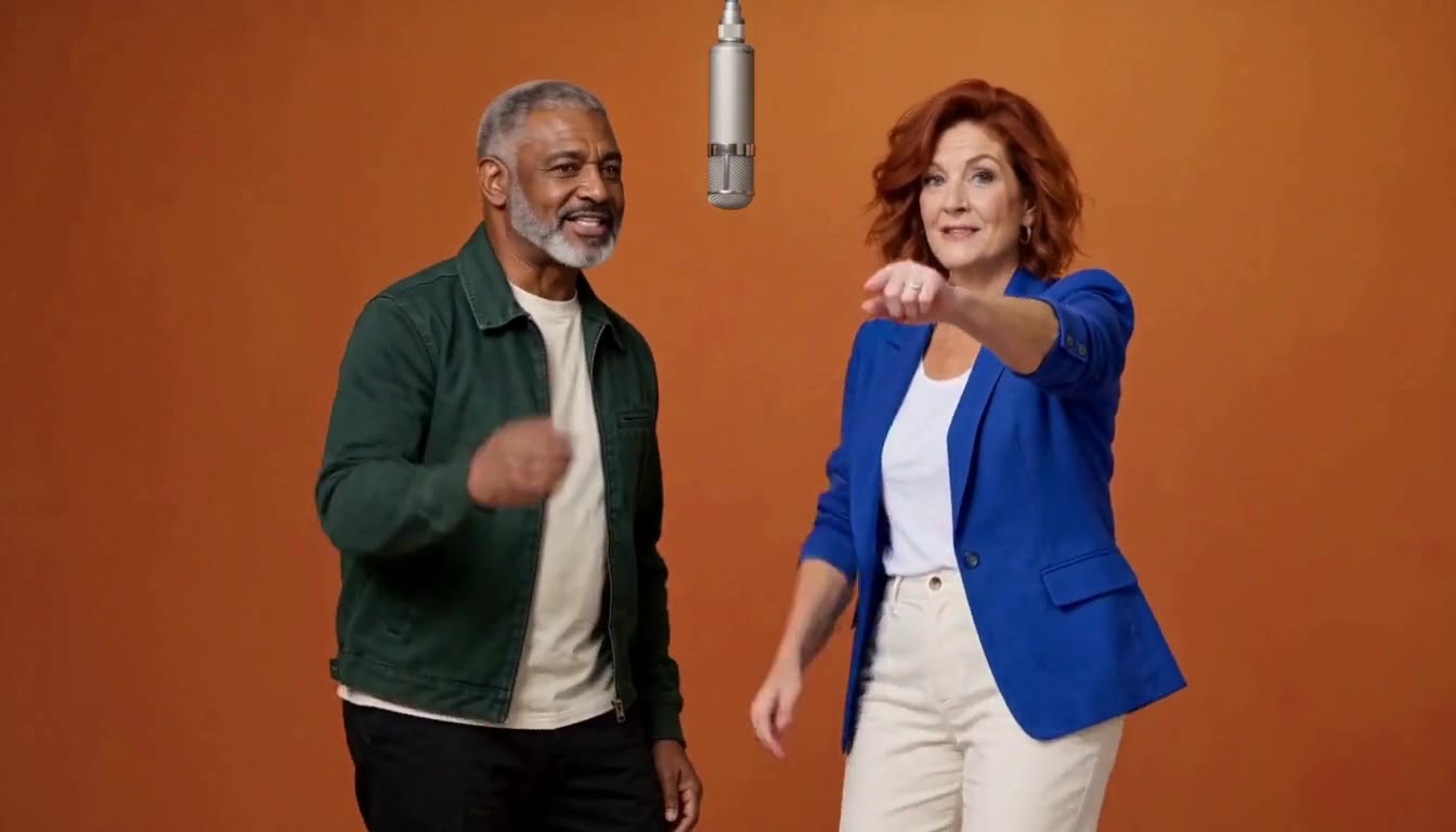 The original generated duo: green jacket on the left, blue blazer on the right